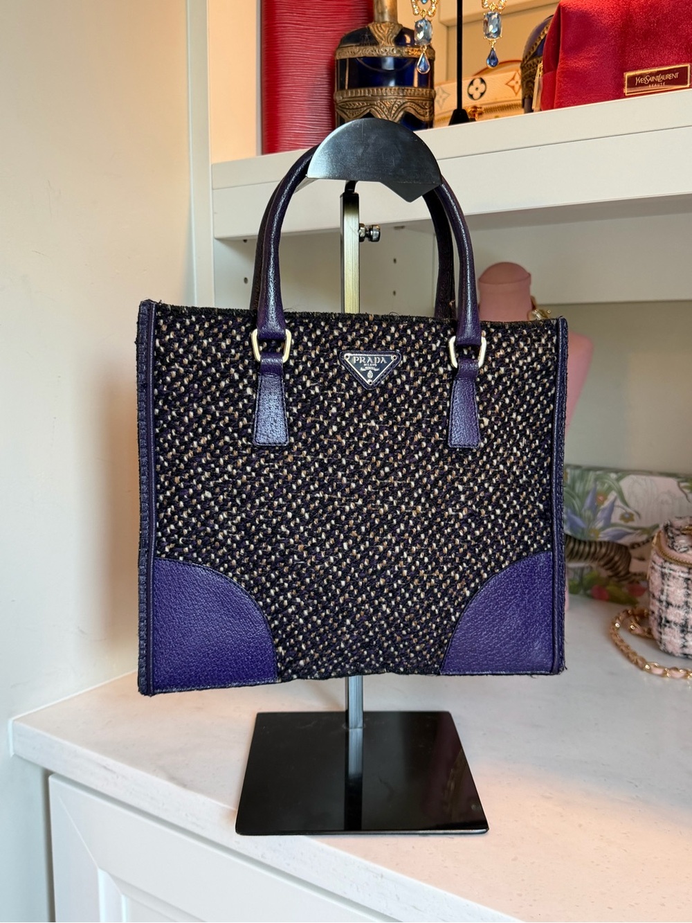 Prada Navy and Purple Woven Tote with Leather Trim